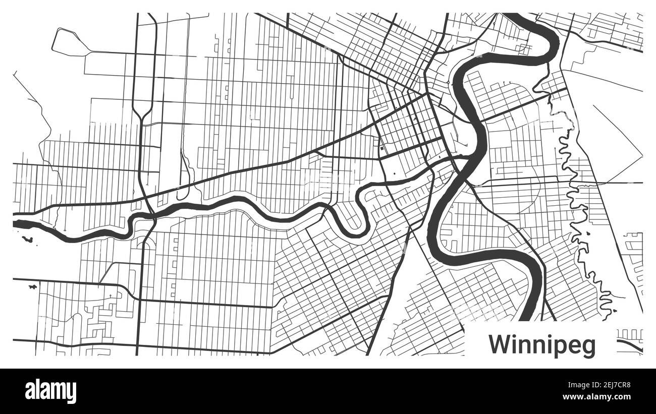 Carte de la ville de Winnipeg, Manitoba, Canada. Carte d'arrière-plan horizontale affiche terre, rues et rivières en noir et blanc. 1920 1080 proportions. Libre de droits Illustration de Vecteur