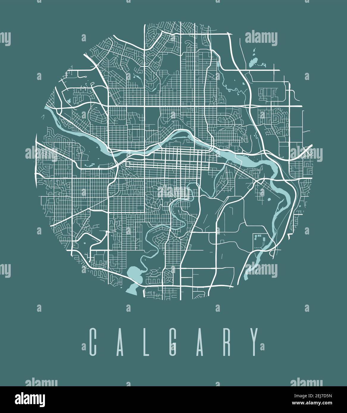 Affiche de carte de Calgary. Plan de la ville de Calgary au design décoratif. Panorama urbain aria silhouette vue aérienne, style typographique. Terre, rivière, haute Illustration de Vecteur