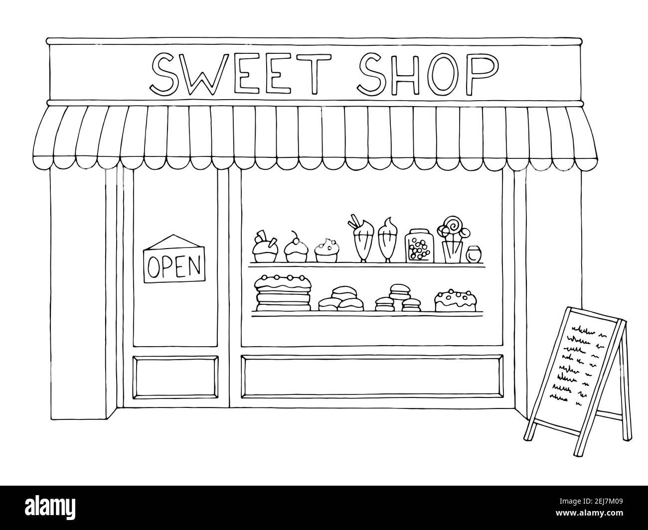 Illustration d'un croquis noir blanc représentant un magasin de confiserie à l'extérieur de la confiserie vecteur Illustration de Vecteur