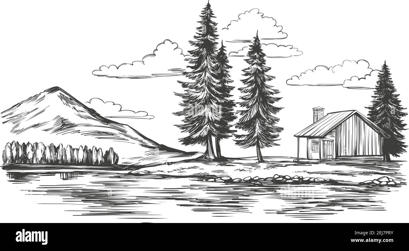 lac, paysage d'été, maison dans les forts, paysage, dessin à la main illustration vectorielle croquis réaliste Illustration de Vecteur