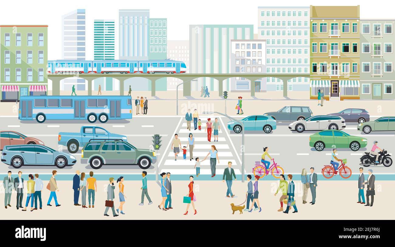 Silhouette de ville avec des gens sur le trottoir et la circulation routière, illustration Illustration de Vecteur