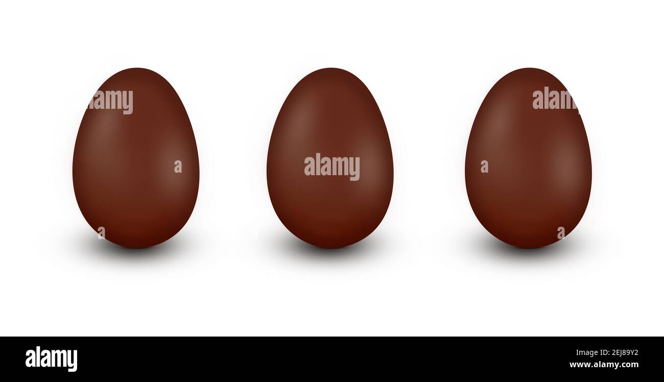 Trois mêmes oeufs de Pâques au chocolat dans une rangée isolée sur fond blanc. Banque D'Images