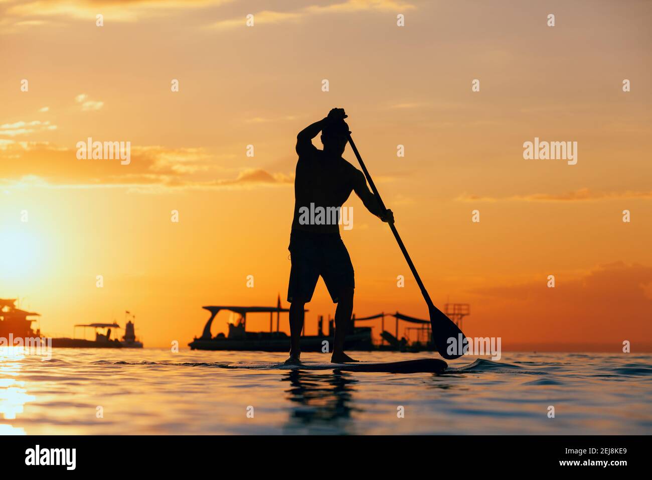 La palette active boarder. Coucher du soleil noir silhouette de jeune sportsman paddling on stand up paddleboard. Mode de vie sain. Sport d'eau, surf SUP Banque D'Images