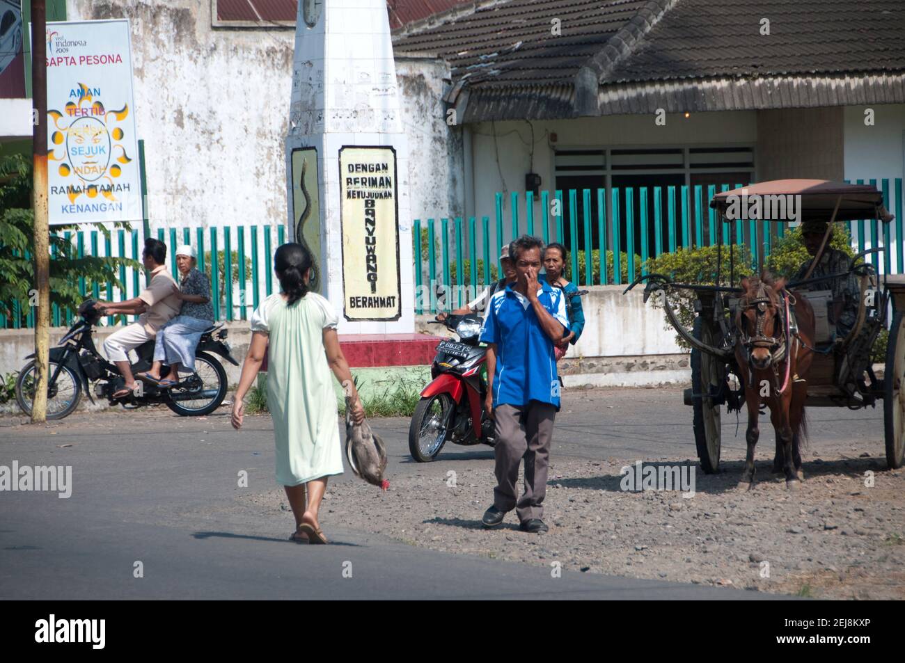 Femme avec poulet, chariot à cheval, centre ville, Banyuwangi, Java oriental, Indonésie Banque D'Images