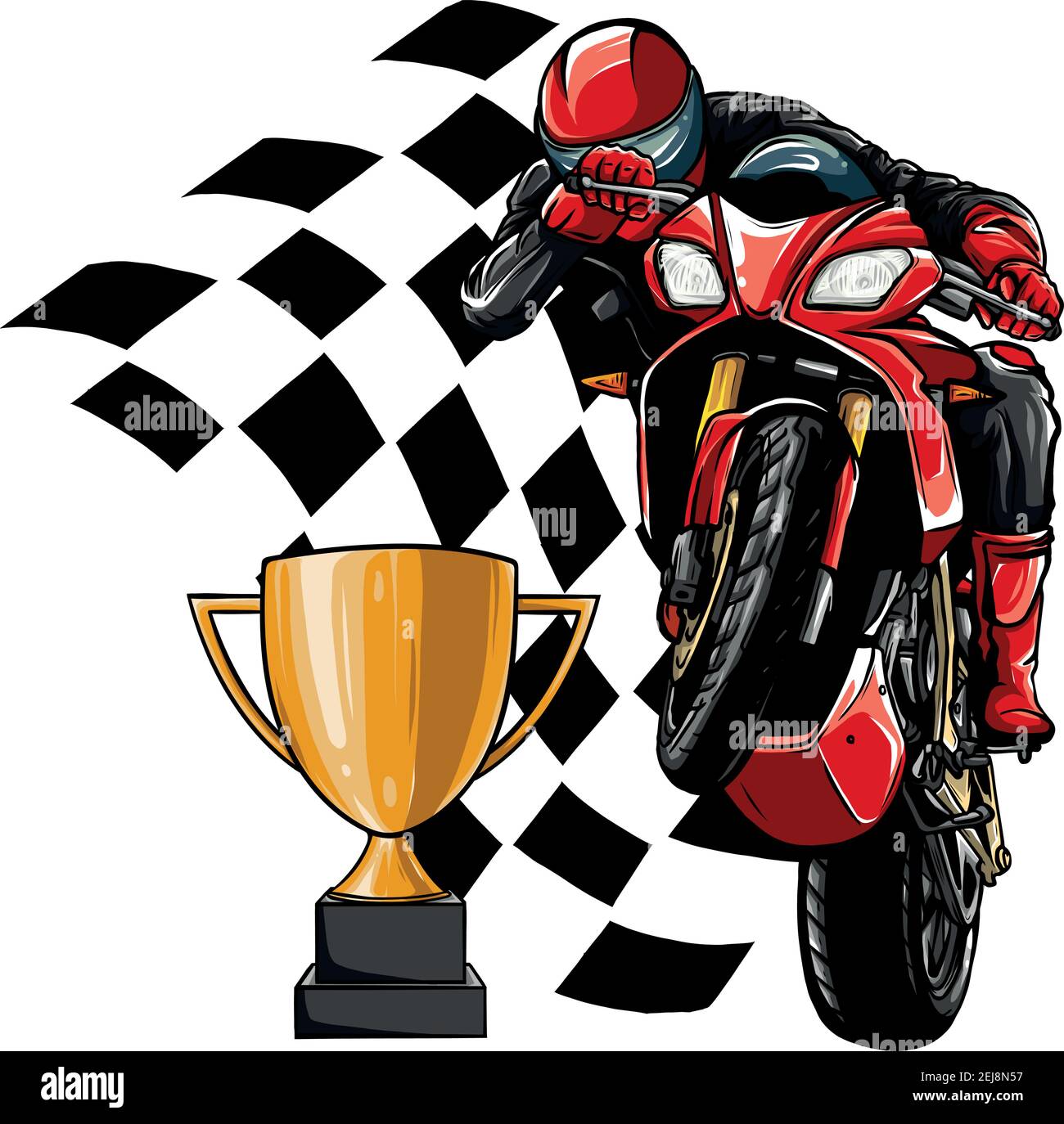 Coureurs sur moto sportive avec coupe et drapeau de course Illustration de Vecteur