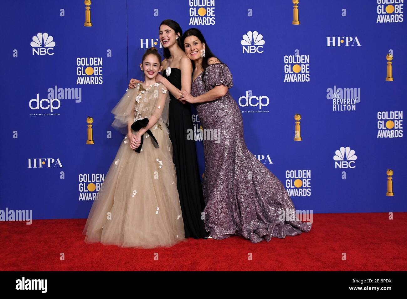 Julia Butters, Margaret Qualley et Shannon McIntosh dans la salle de presse du 77e Golden Globe Awards qui s'est tenu à l'hôtel Beverly Hilton le 5 janvier 2020 à Beverly Hills, en Californie. (Photo de la Sathanlee B. Mirador/Sipa USA) Banque D'Images
