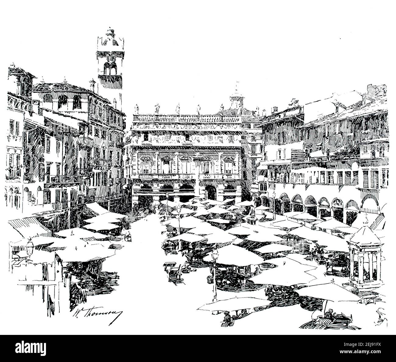 1890 croquis à la plume et à l'encre, Piazza delle Erbe, Vénétie, Italie, stands à la place du marché italien, par l'artiste américain William Thomson à partir de 1899 The Studio an Banque D'Images