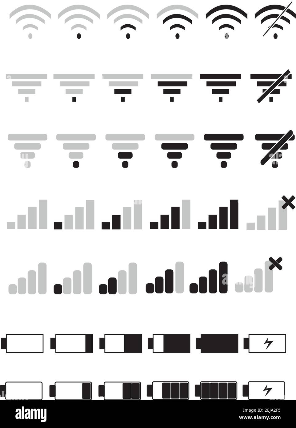 Un signal téléphonique et des icônes de batterie. Icône de la barre supérieure de l'interface mobile Vector définie pour les signaux réseau et l'état des niveaux de charge du téléphone Illustration de Vecteur