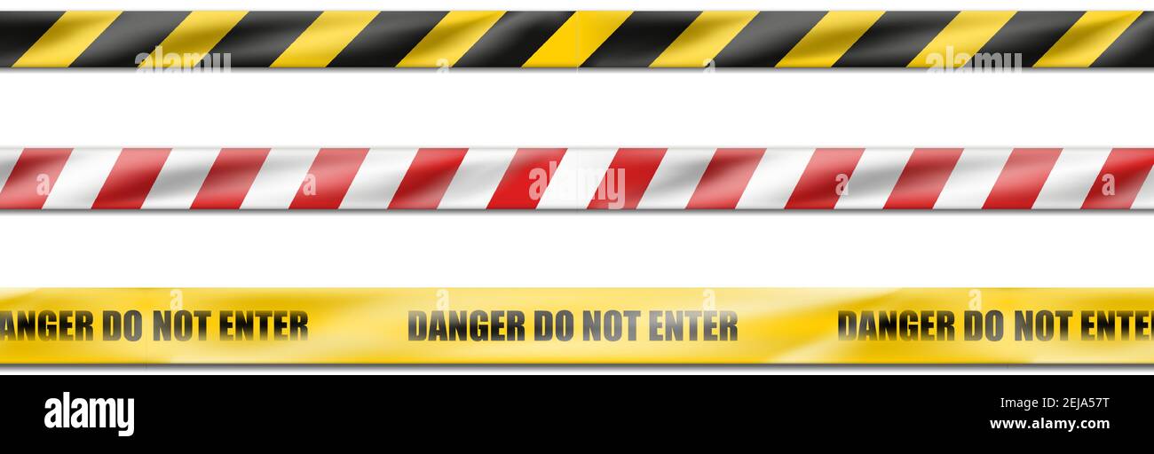 collection de trois 3d réaliste vecteur danger ruban rayé blanc et rouge, ruban d'avertissement de signes d'avertissement pour scène de crime ou zone de construction dans yel Illustration de Vecteur