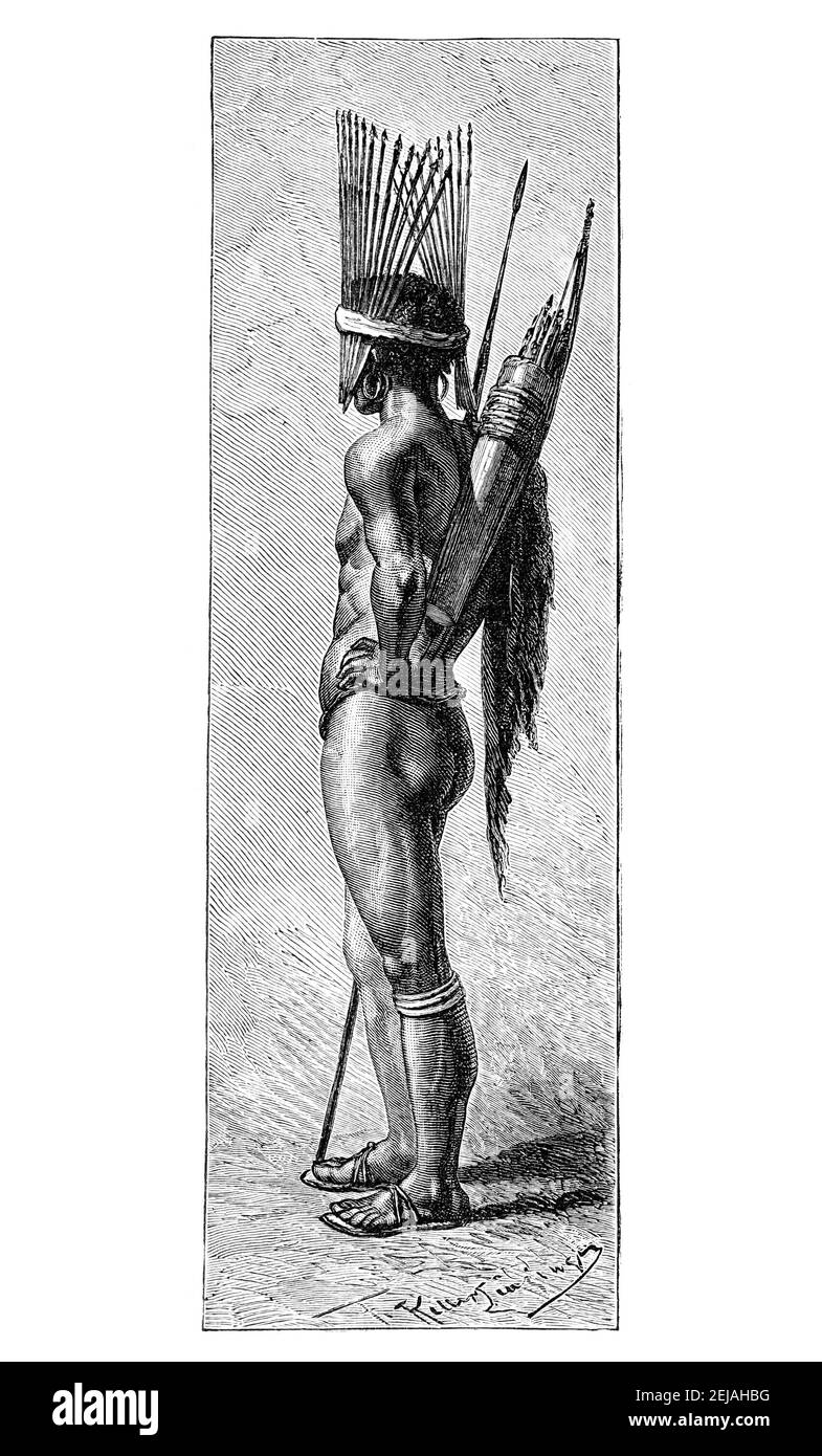 Saan africain ou San guerrier avec lance et arc prêt à la bataille. Culture et histoire de l'Afrique. Illustration ancienne vintage. 19e siècle. Banque D'Images