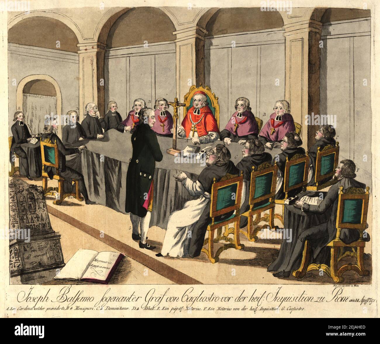 Joseph Balsamo, comte de Cagliostro, devant l'Inquisition à Rome le 14 avril 1791. Musée : COLLECTION PRIVÉE. AUTEUR: JOHANN HIERONYMUS LOESCHENKOHL. Banque D'Images