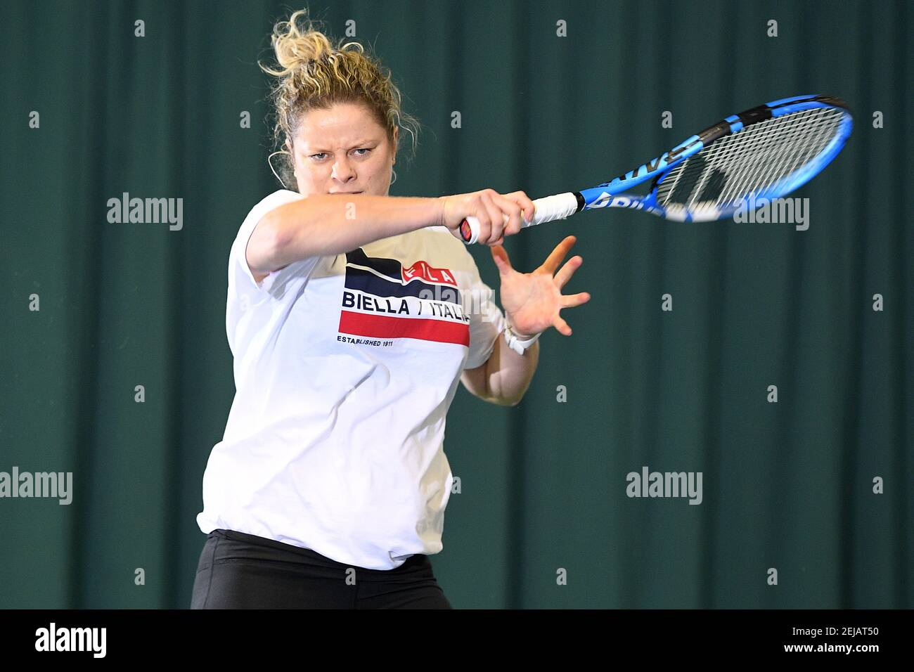 Kim Clijsters, joueur de tennis belge, photographié en action lors d'un  moment médiatique ouvert sur le retour de l'ancien numéro un belge, Kim  Clijsters, dans son centre de tennis appelé le club