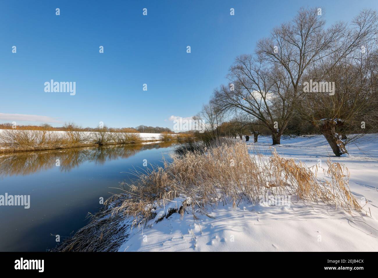 Dorsten, Rhénanie-du-Nord-Westphalie, Allemagne - Ensoleillé paysage d'hiver dans la région de la Ruhr, glace et neige sur la Lippe. Banque D'Images