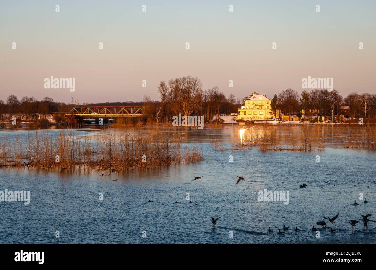 Wesel, Rhénanie-du-Nord-Westphalie, Allemagne - Ensoleillé paysage d'hiver dans la région de la Ruhr, glace et neige sur la rivière Lippe, prés de Lippe peu avant le Mo Banque D'Images