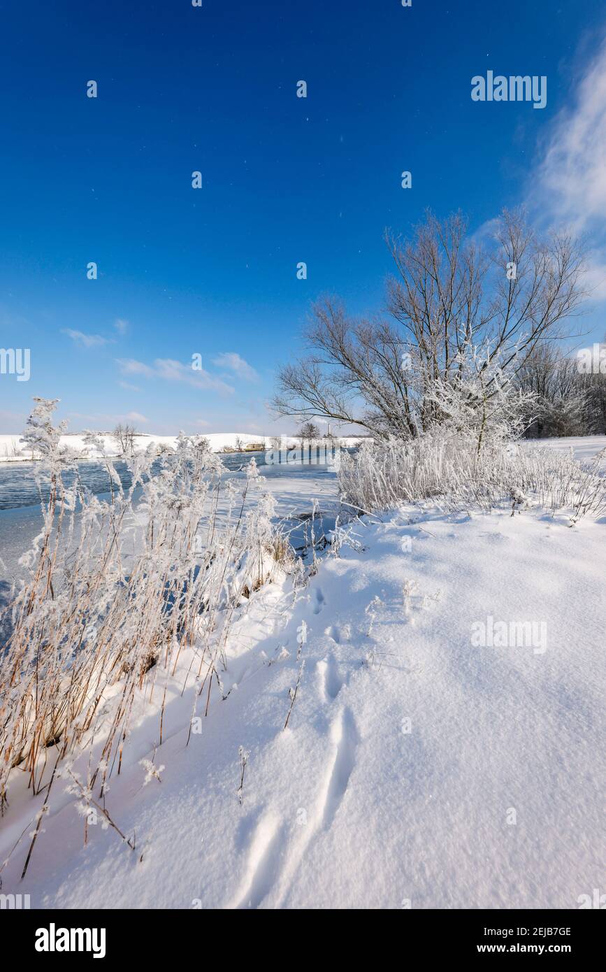 Hamm, Rhénanie-du-Nord-Westphalie, Allemagne - Ensoleillé paysage d'hiver dans la région de la Ruhr, glace et neige sur la Lippe. Banque D'Images