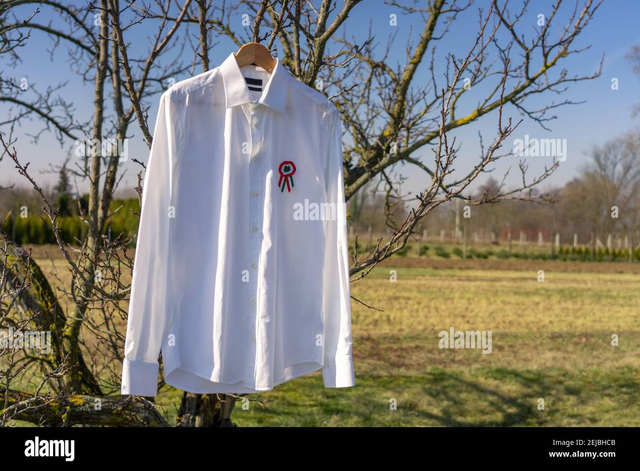 chemise blanche suspendue à l'extérieur avec le symbole de rosette tricolore de la journée nationale hongroise le 15 mars . Banque D'Images