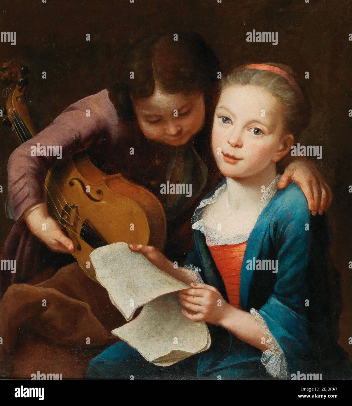 Deux enfants jouant de la musique. Musée : COLLECTION PRIVÉE. Auteur: Eichler, Gottfried, The Elder. Banque D'Images