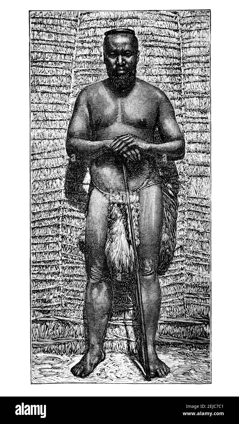 Roi Goza, peuple Bantu africain. Culture et histoire de l'Afrique. Illustration ancienne vintage noir et blanc. 19e siècle. Banque D'Images
