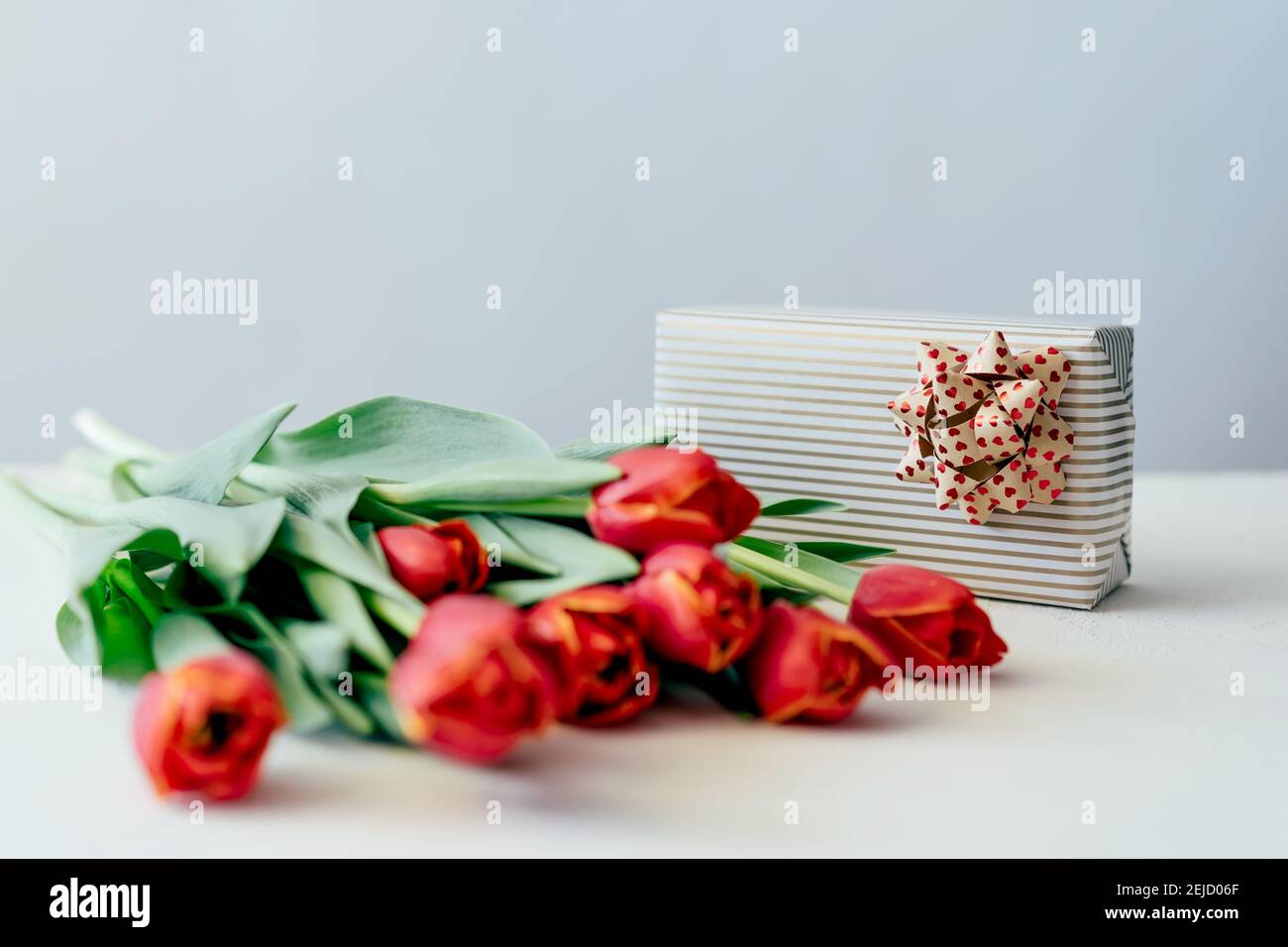 Encore la vie d'un bouquet de tulipes rouges et un boîte cadeau sur fond blanc avec un espace pour texte Banque D'Images