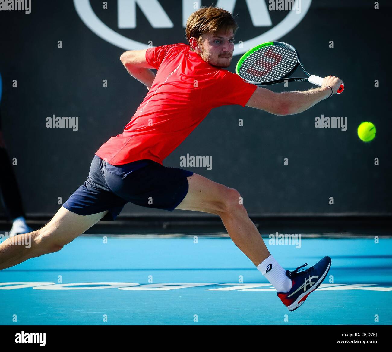 David Goffin belge (ATP 11) photographié en action lors d'un match de tennis contre le russe Andrey Rublev (ATP 16) lors du troisième tour de la compétition de singles hommes au Grand Chelem de tennis « Australian Open », samedi 25 janvier 2020 à Melbourne Park, Melbourne, Australie. (Photo de PATRICK HAMILTON/Belga/Sipa USA) Banque D'Images