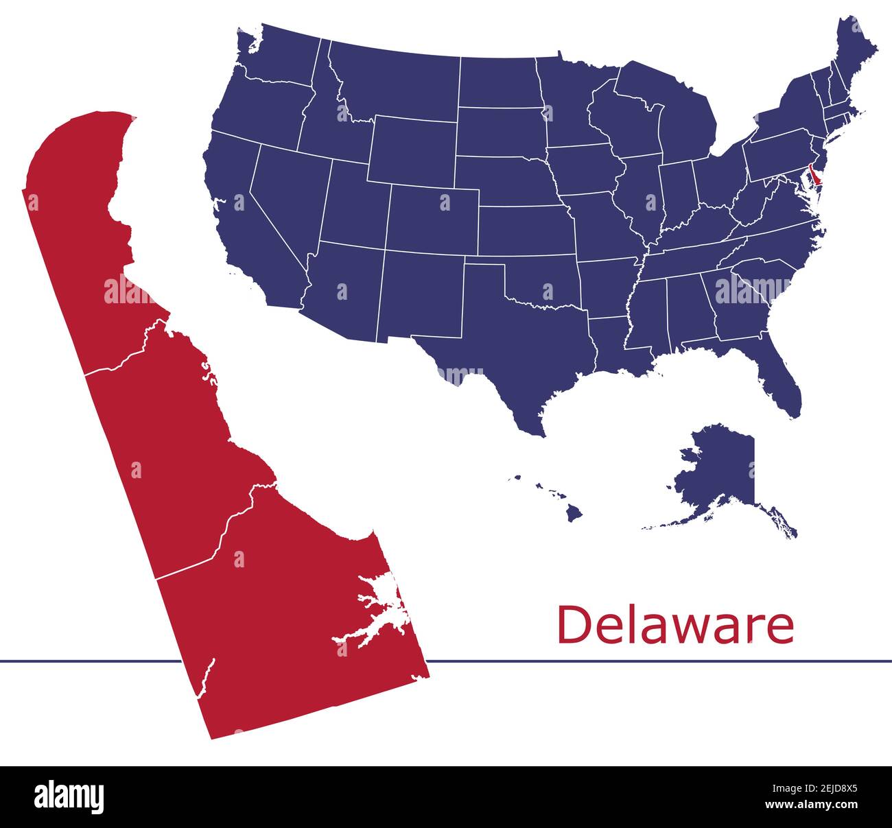 Carte vectorielle des comtés du Delaware avec USA map Colors national drapeau Illustration de Vecteur