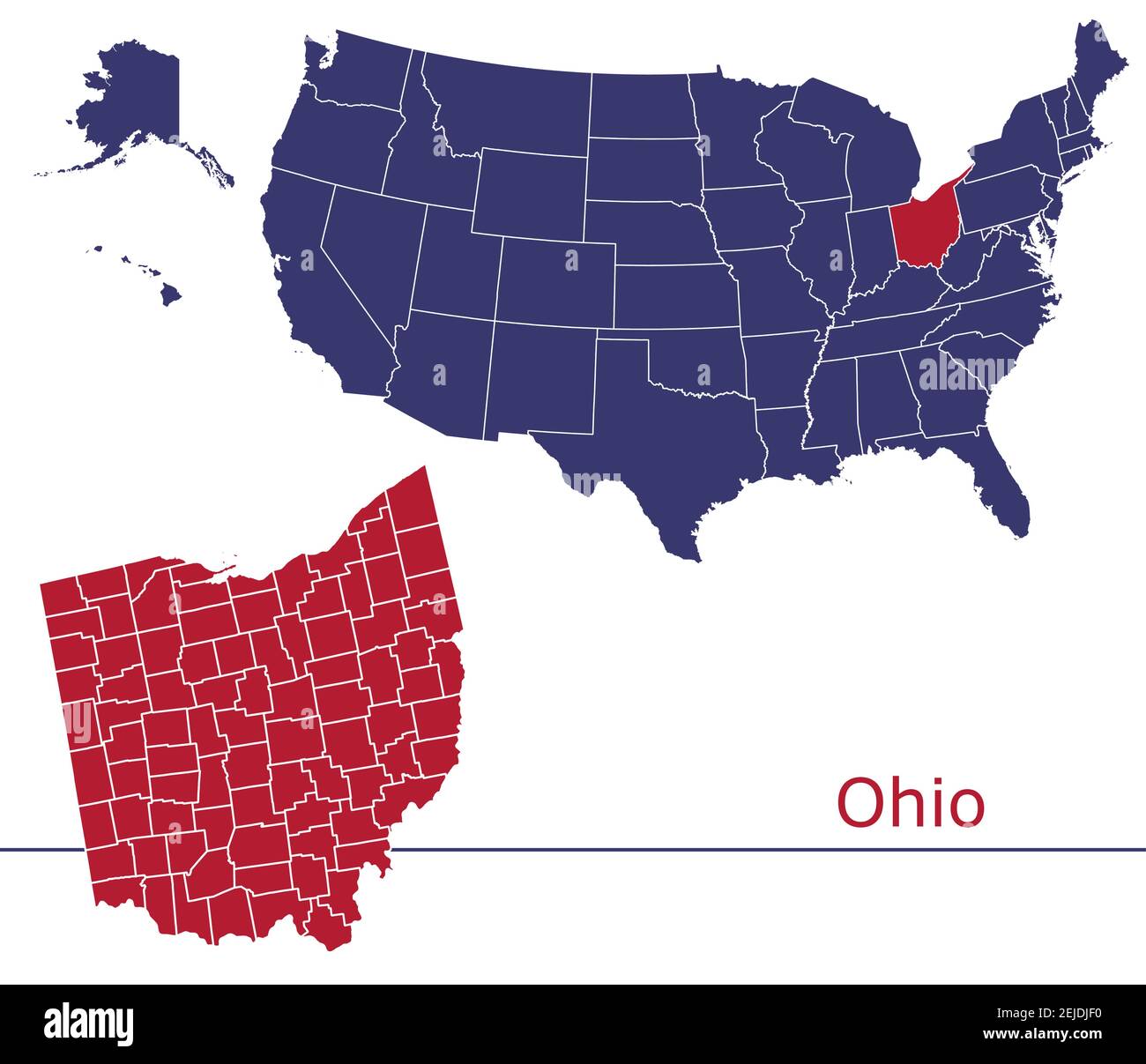 Carte vectorielle des comtés de l'Ohio avec USA map Colors national drapeau Illustration de Vecteur