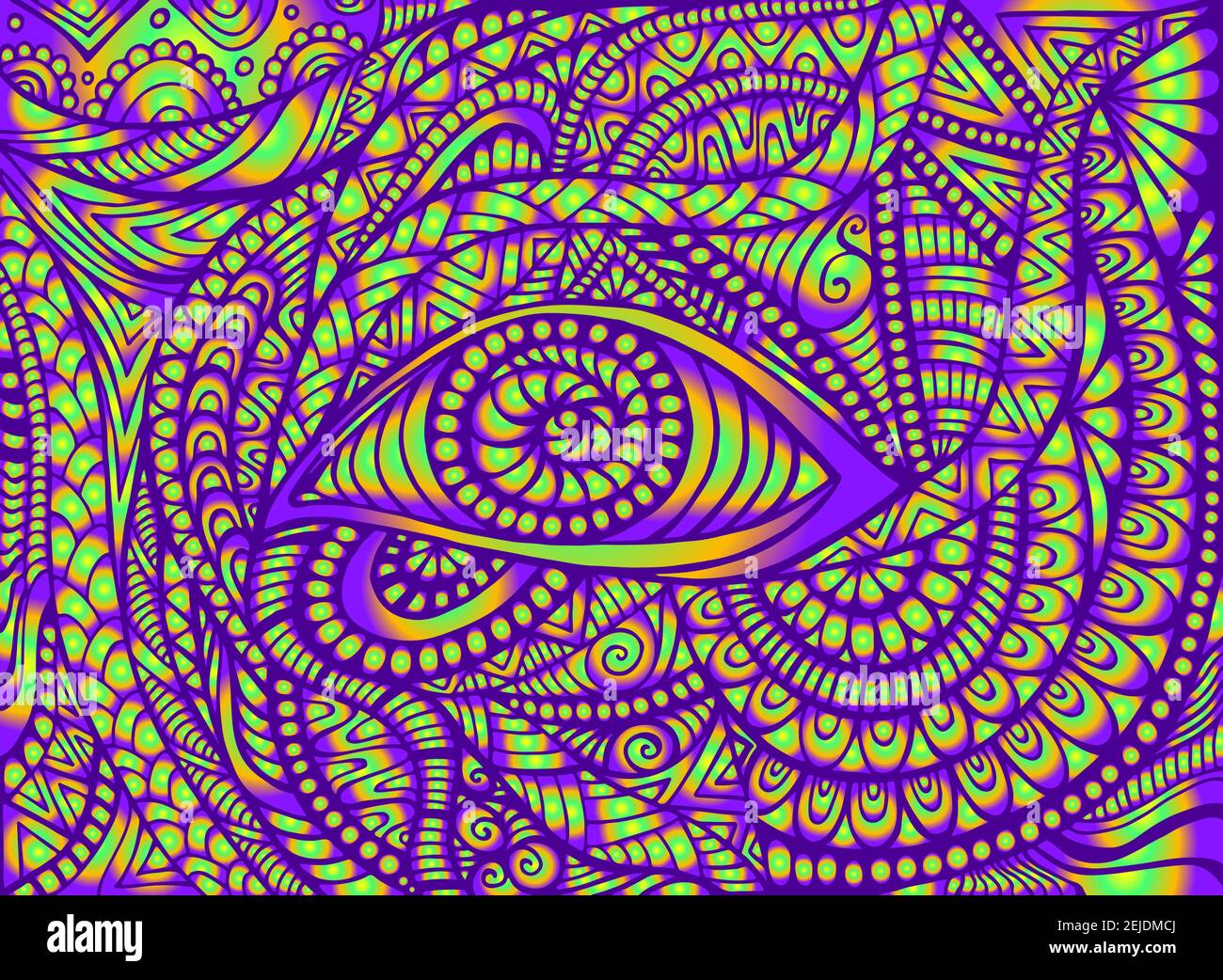 Vintage hippie trippy psychédélique oeil avec beaucoup de motifs décoratifs fous, néon brillant dégradé vert violet couleur. Illustration de Vecteur