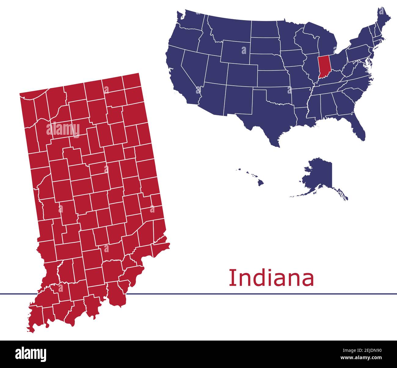 Comtés de l'Indiana carte vectorielle avec USA carte couleurs national drapeau Illustration de Vecteur