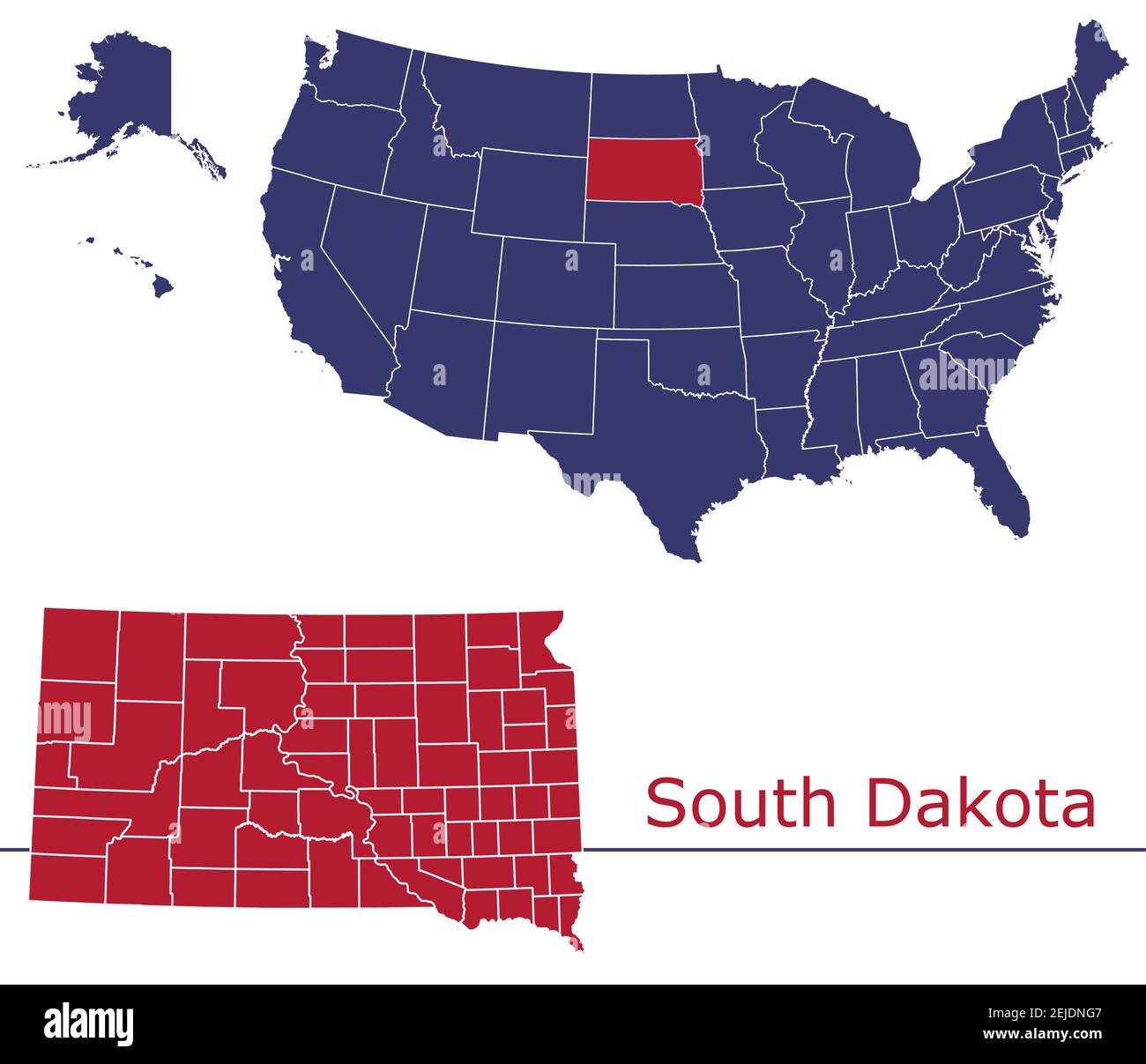 Carte vectorielle des comtés du Dakota du Sud avec couleurs de carte des États-Unis drapeau national Illustration de Vecteur