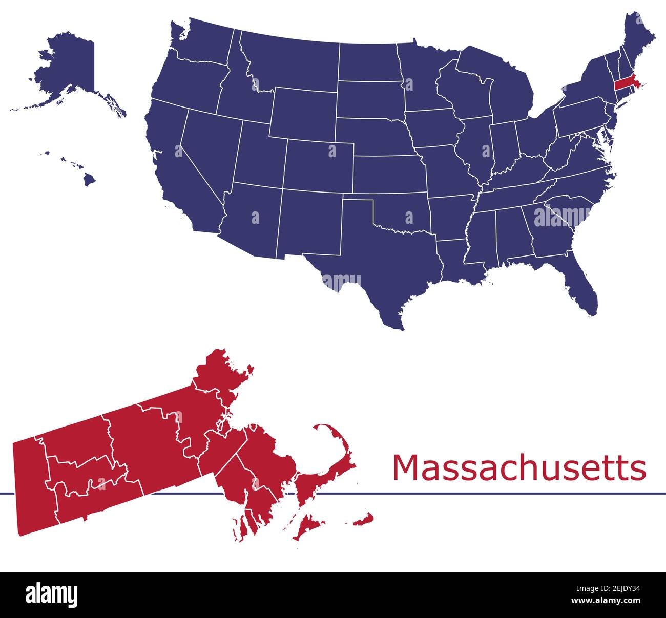 Carte vectorielle des comtés du Massachusetts avec USA map Colors national drapeau Illustration de Vecteur