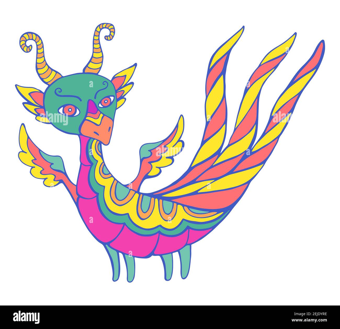 Dessin animé de fantaisie coloré Dragon avec ailes, cornes et trois queues, isolé en blanc. Illustration de Vecteur