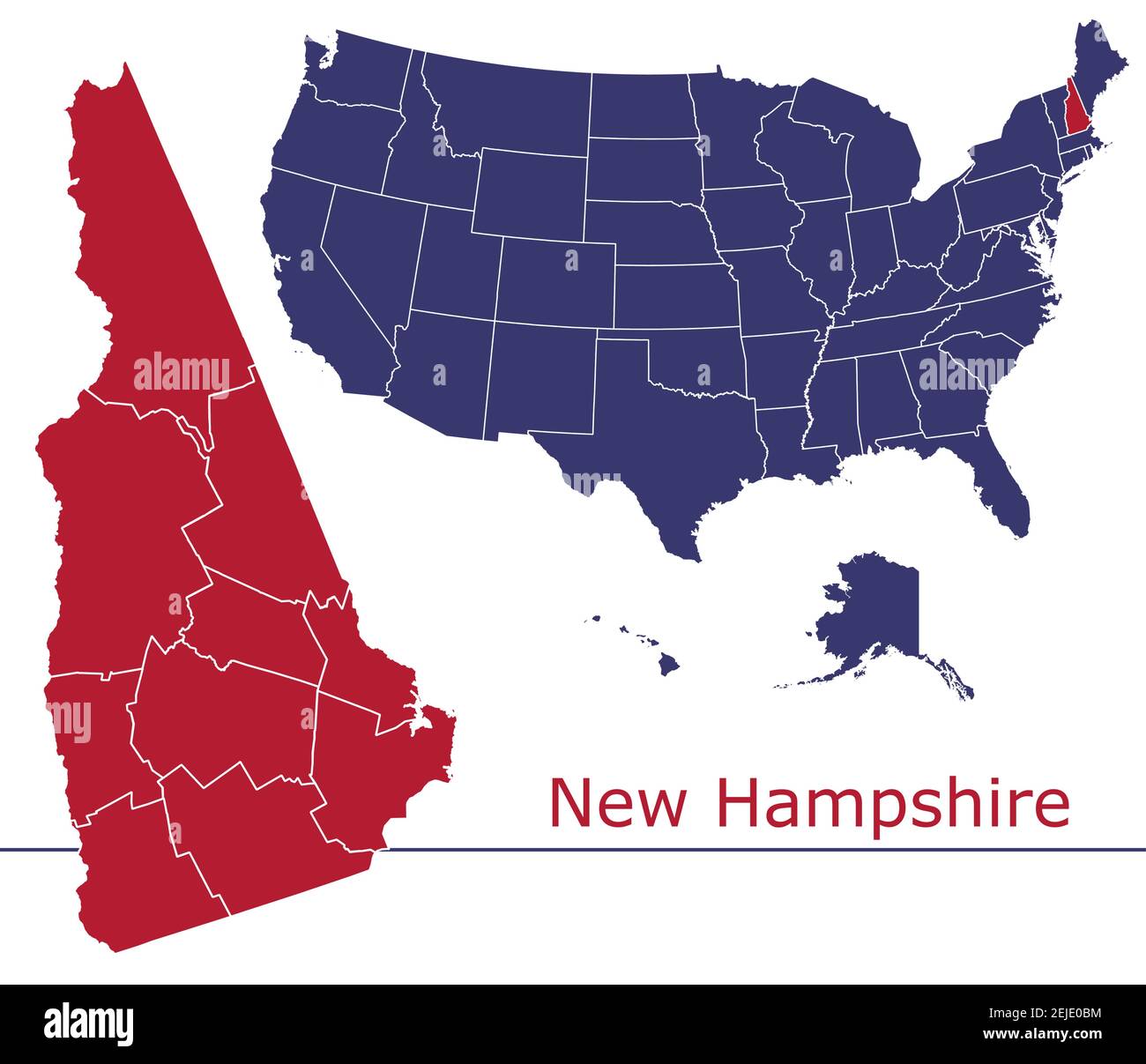 Carte vectorielle des comtés du New Hampshire avec couleurs de carte des États-Unis drapeau national Illustration de Vecteur