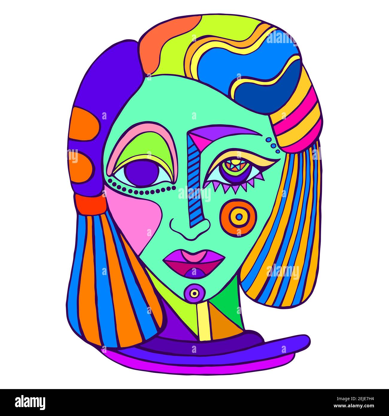 Coloré surréaliste décoratif abstrait visage de fille, isolé sur blanc. Illustration de Vecteur