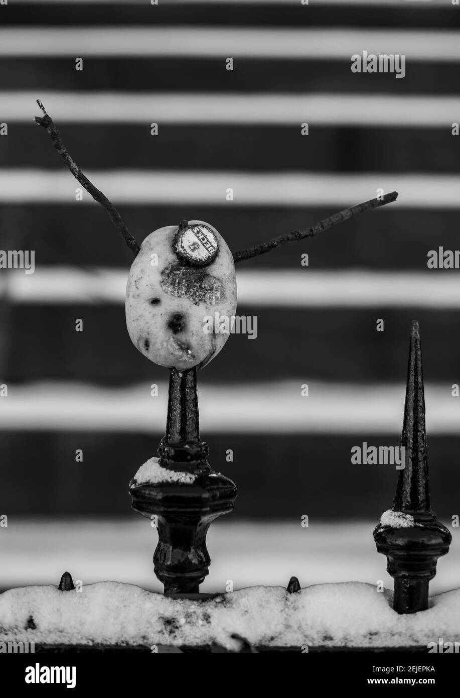 Drôles DIY MR Potato Head avec le visage de bouteille de bière et bras de bâton par le Scott Monument, Edinburg. Prise de vue en noir et blanc pour un effet de contraste élevé. Banque D'Images