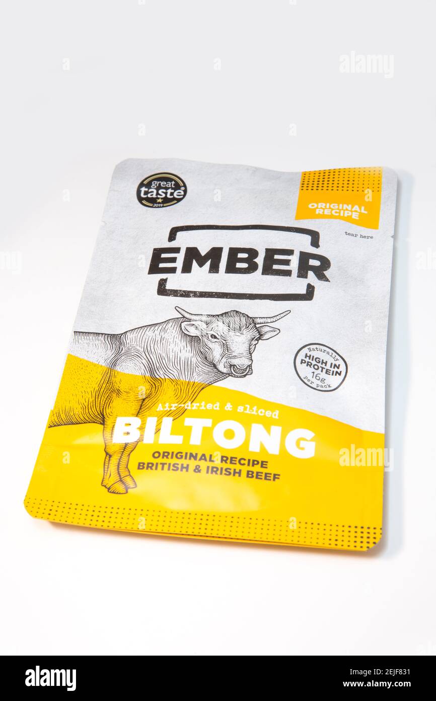 Ember biltong fait de bœuf britannique et irlandais. Angleterre GB Banque D'Images