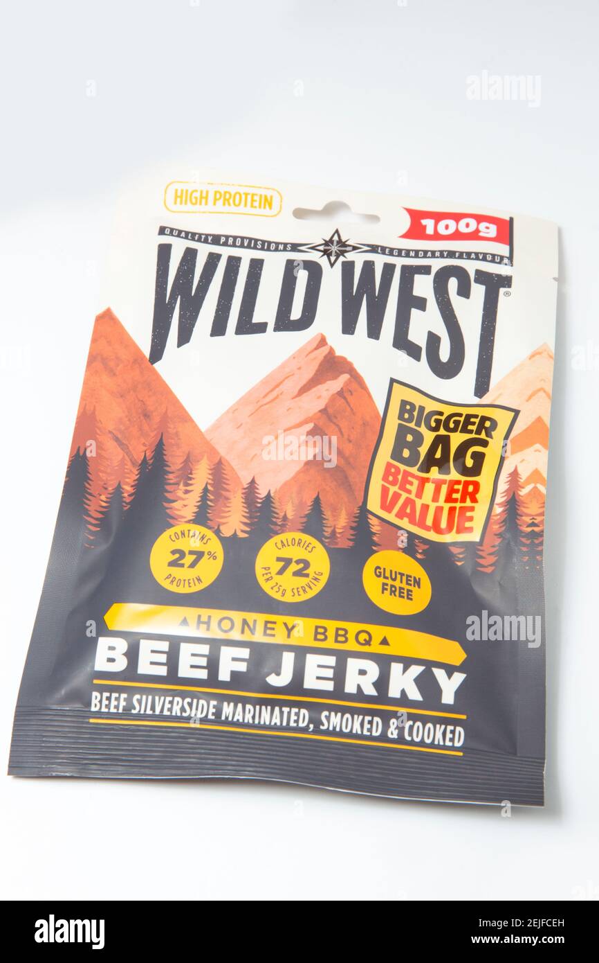 Boeuf sauvage de l'Ouest jerky fait à partir d'argent de boeuf du Royaume-Uni et de l'UE. Angleterre GB Banque D'Images