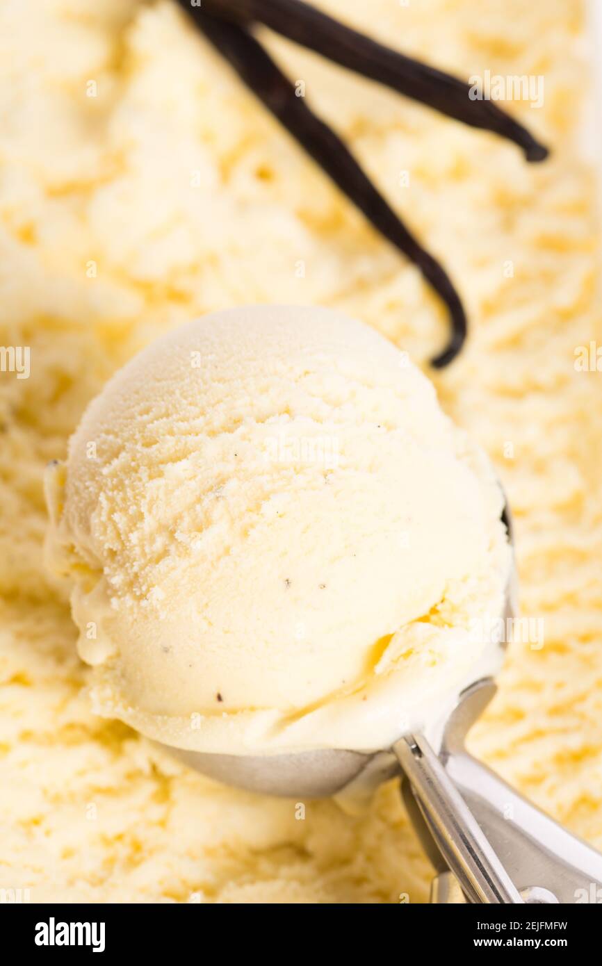 prenez la glace à la vanille avec la cuillère à crème glacée de la boîte à crème glacée Banque D'Images