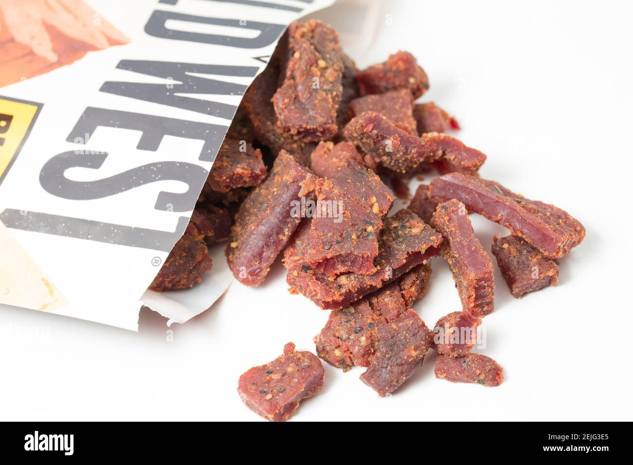 Boeuf sauvage de l'Ouest jerky fait à partir d'argent de boeuf du Royaume-Uni et de l'UE. Angleterre GB Banque D'Images