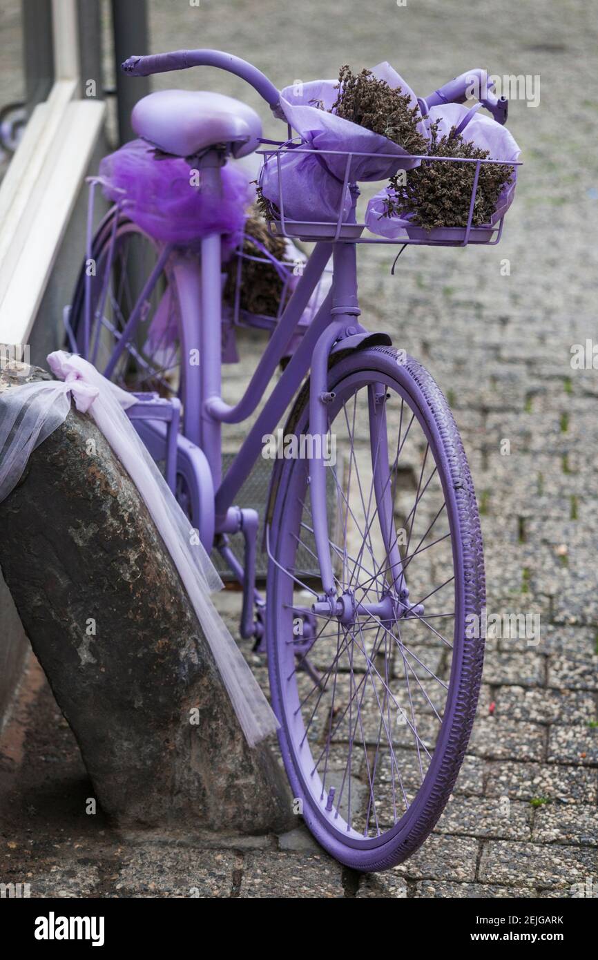 Vélo violet dans la rue, Limburg an der Lahn, Hesse, Allemagne Banque D'Images