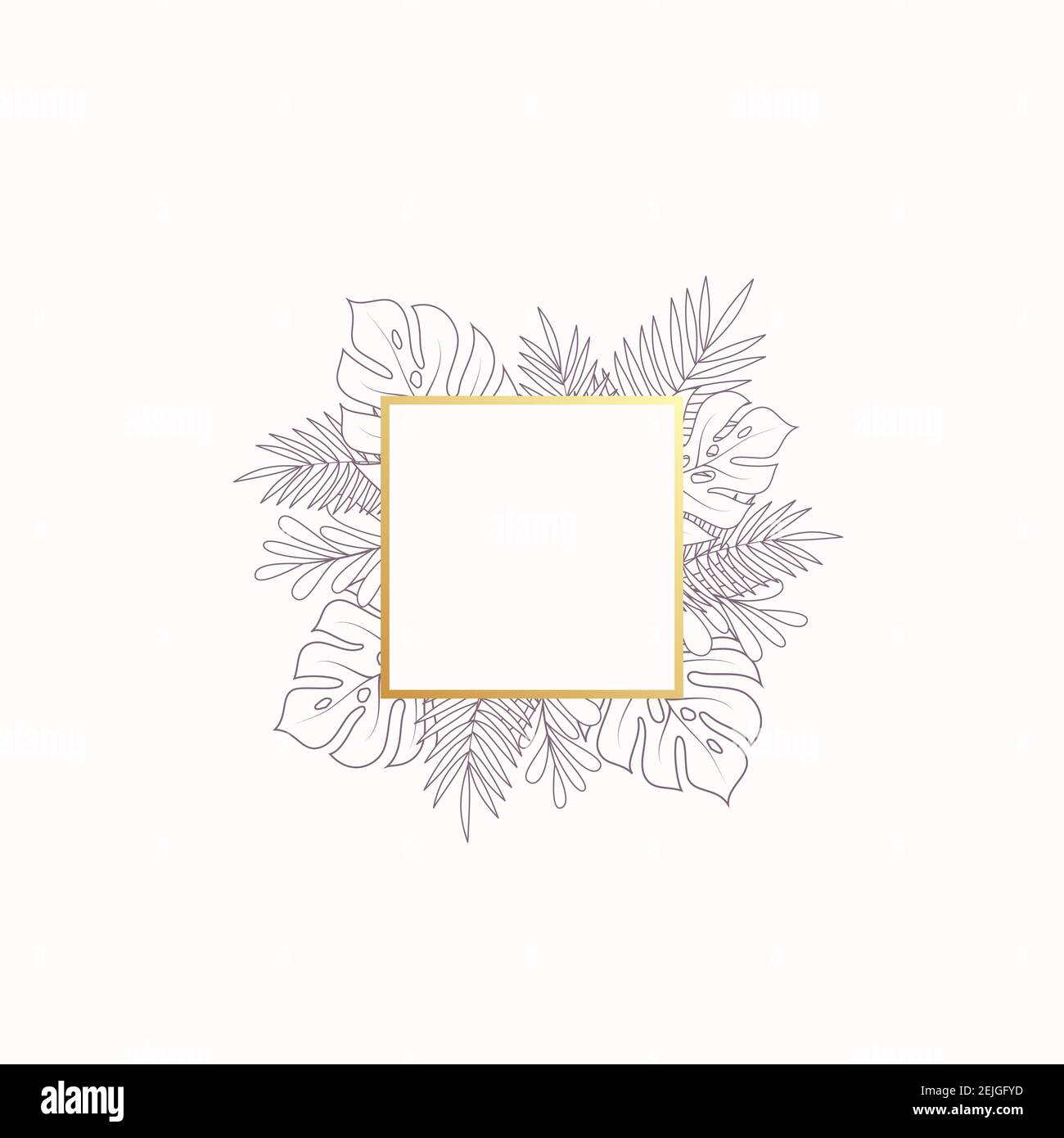 Modèle de bannière ou d'étiquette vierge de feuilles tropicales Monstera et Fern. Feuillages abstraits avec cadre doré carré horizontal. Idéal pour un mariage ou une fête Illustration de Vecteur