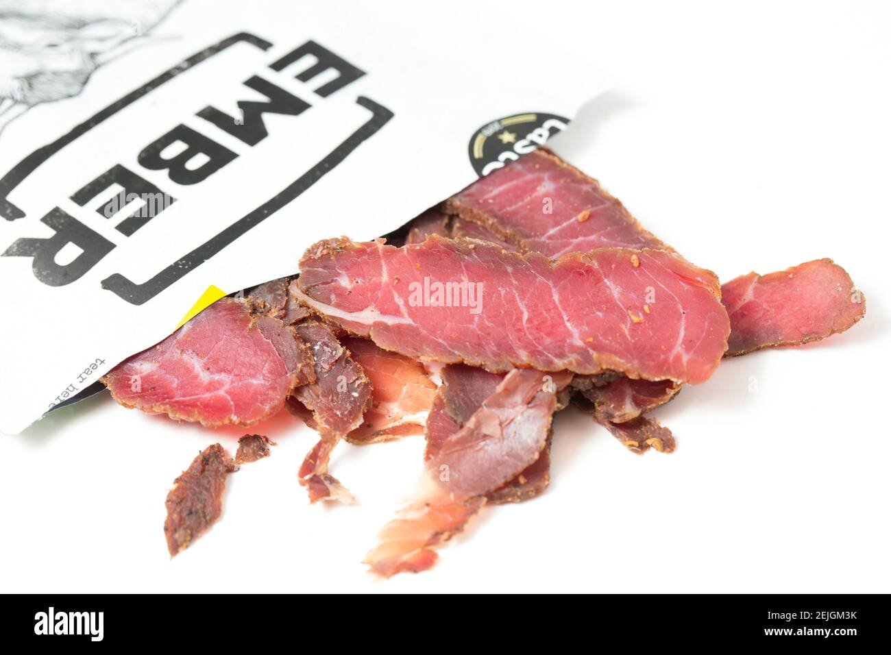 Ember biltong fait de bœuf britannique et irlandais. Angleterre GB Banque D'Images
