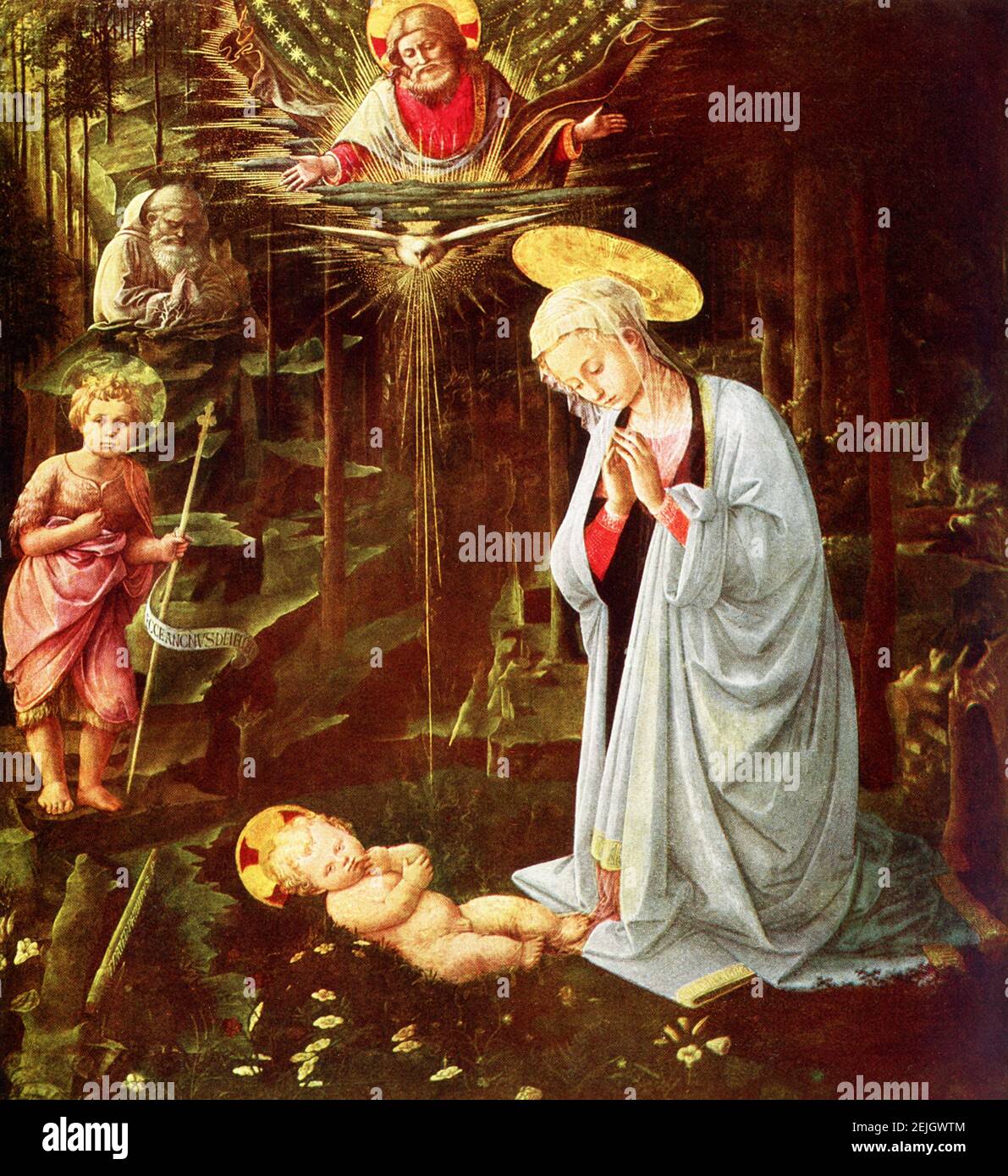 La peinture ici est la Madonna in the Forest de Filippo Lippi, logée dans le Kaiser Friedrich Museum de Berlin. Cette peinture, qui date d'environ 1460, a été faite pour la chapelle des Médicis (plus tard Médicis-Riccardi) qui a été décorée par Benazzo Gozzoli. Elle ne décrit pas seulement l'adoration de l'enfant, elle montre également la Sainte Trinité. Dieu le Père, le Saint-Esprit et le Christ sont unis sur la peinture et représentent la conception de la Sainte Trinité tenue par l'Église occidentale: Le Saint-Esprit émane du Père et du fils. FRA’ Filippo Lippi (c. 1406 – 1469), également connu sous le nom de Lippo Lippi Banque D'Images