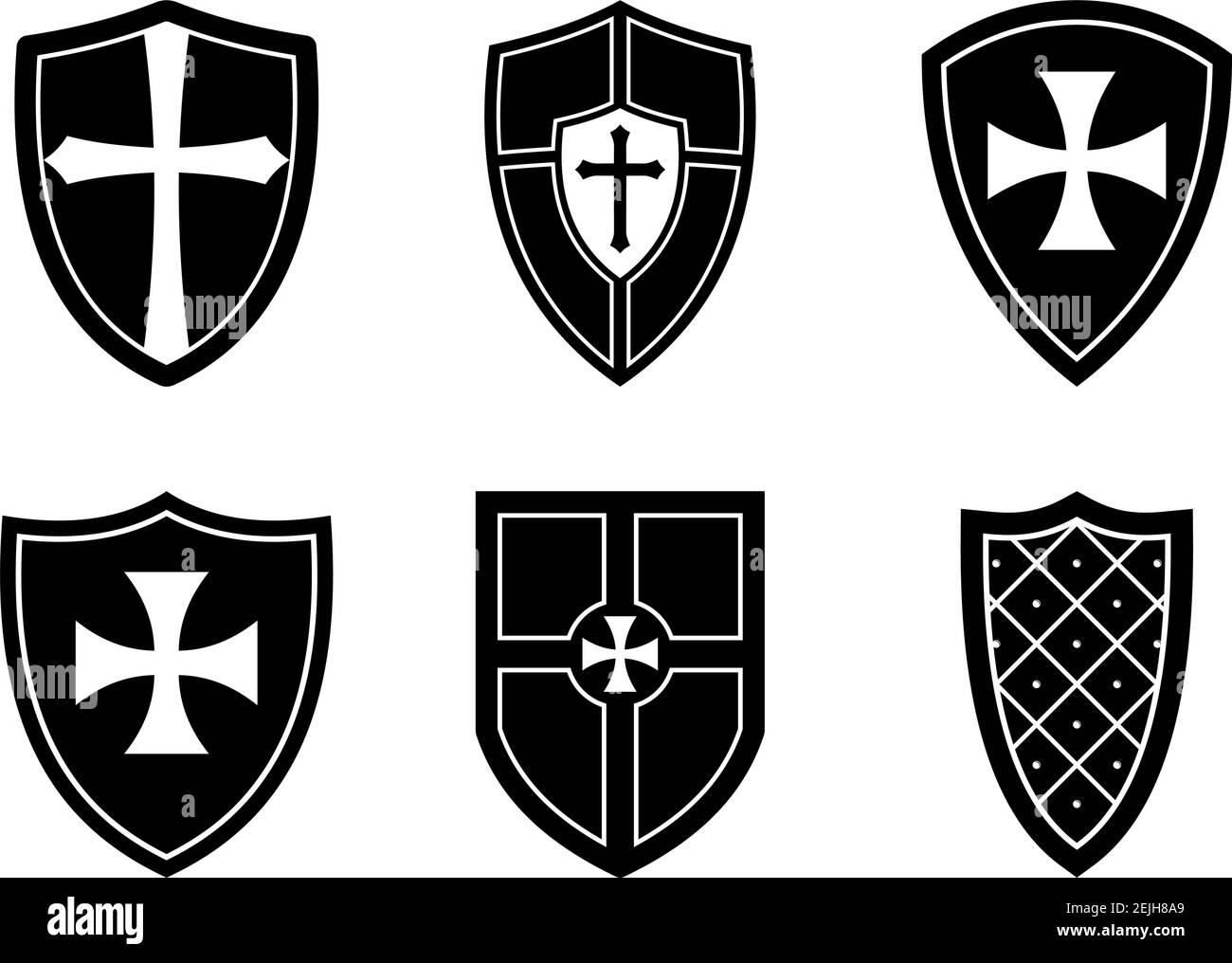 Knight Shield est installé sur un arrière-plan blanc isolé. Illustration vectorielle noir et blanc de blindages Wappon simples. Illustration de Vecteur