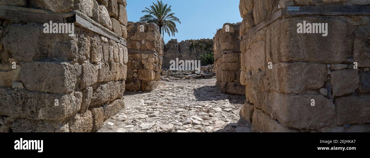 Vestiges de tel Megiddo, Galilée, Israël Banque D'Images