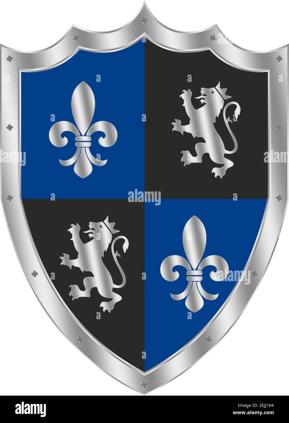 Knight Shield en argent, bleu et noir sur fond blanc isolé. Équipement Knight et Viking de style Moyen Age avec nénuphars et lion. Illustration de Vecteur