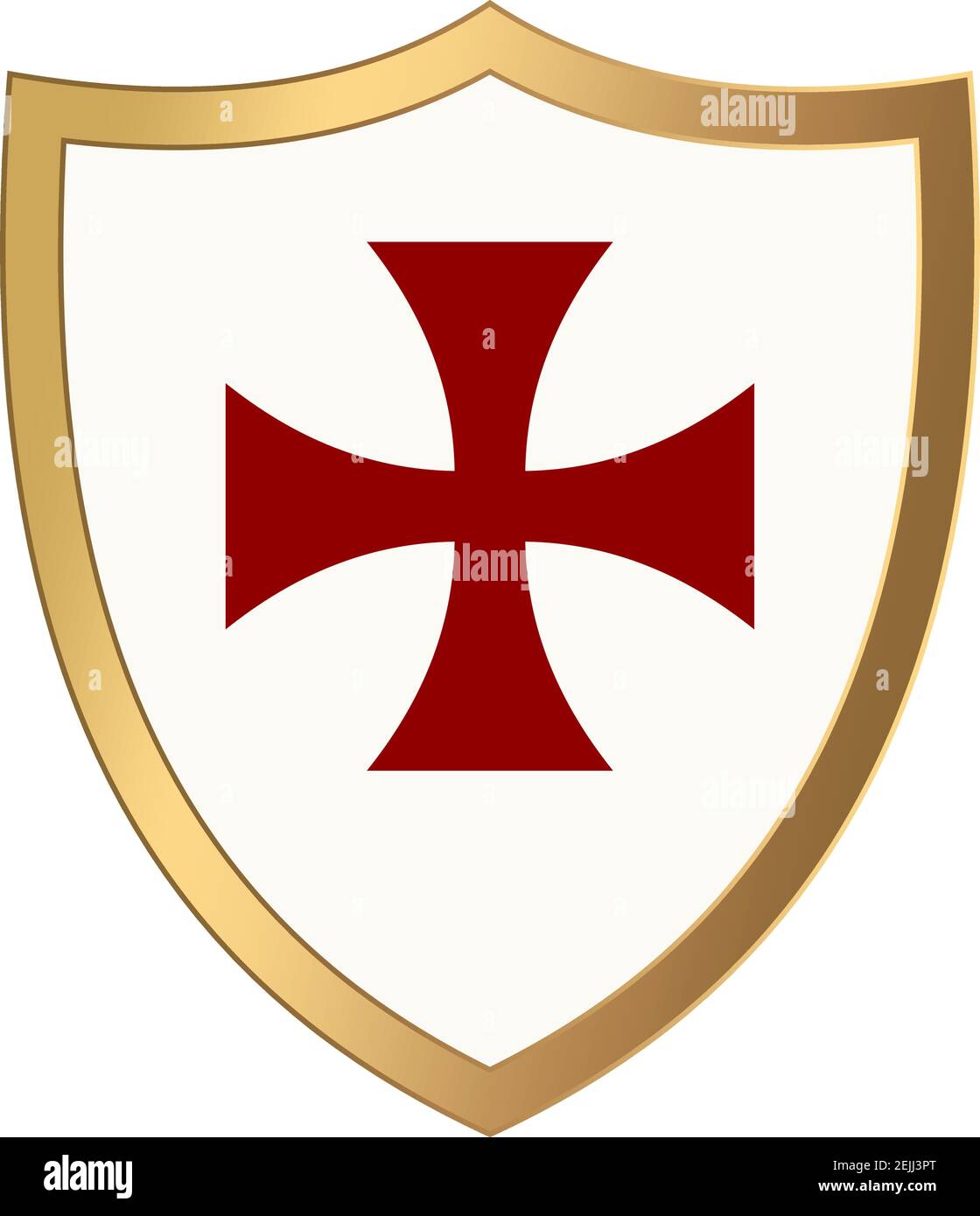 Knight Shield avec cadre doré et patee croisé rouge sur fond blanc isolé. Illustration de Vecteur