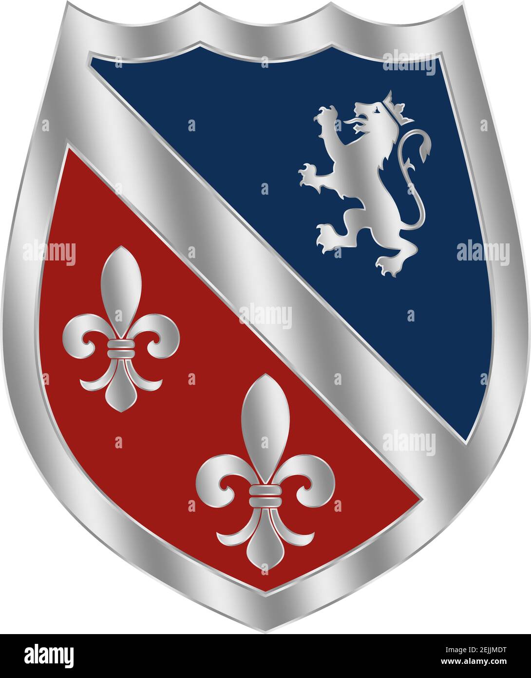 Knight Shield en argent, bleu et rouge sur fond blanc isolé. Équipement Knight et Viking de style Moyen Age avec nénuphars et lion. Illustration de Vecteur