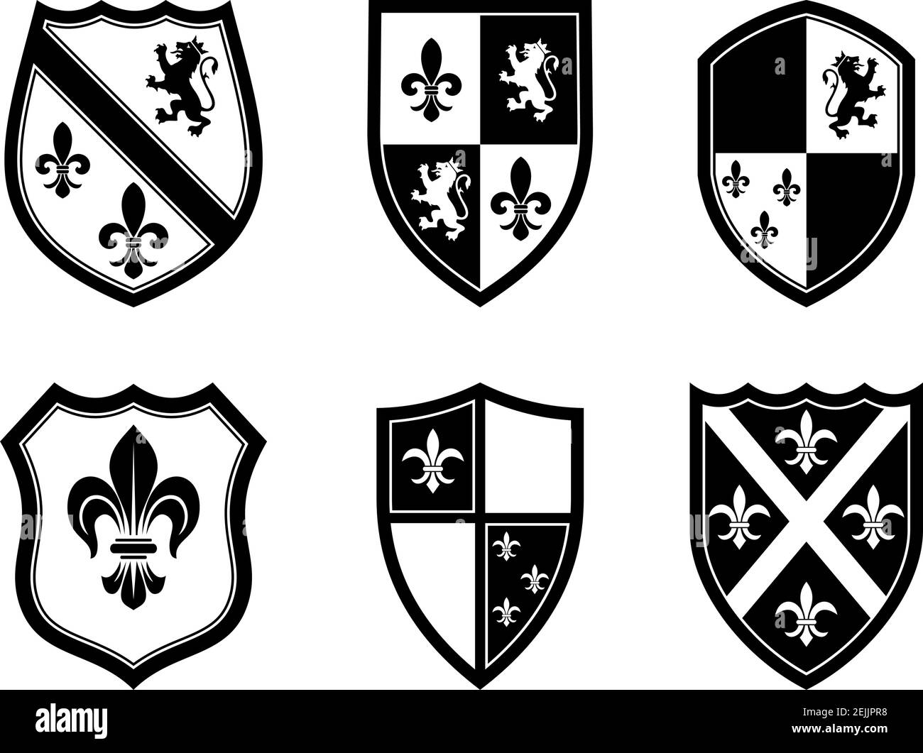 Knight Shield est installé en noir et blanc sur fond blanc isolé. Illustration vectorielle noir et blanc de blindages Wappon simples. Illustration de Vecteur