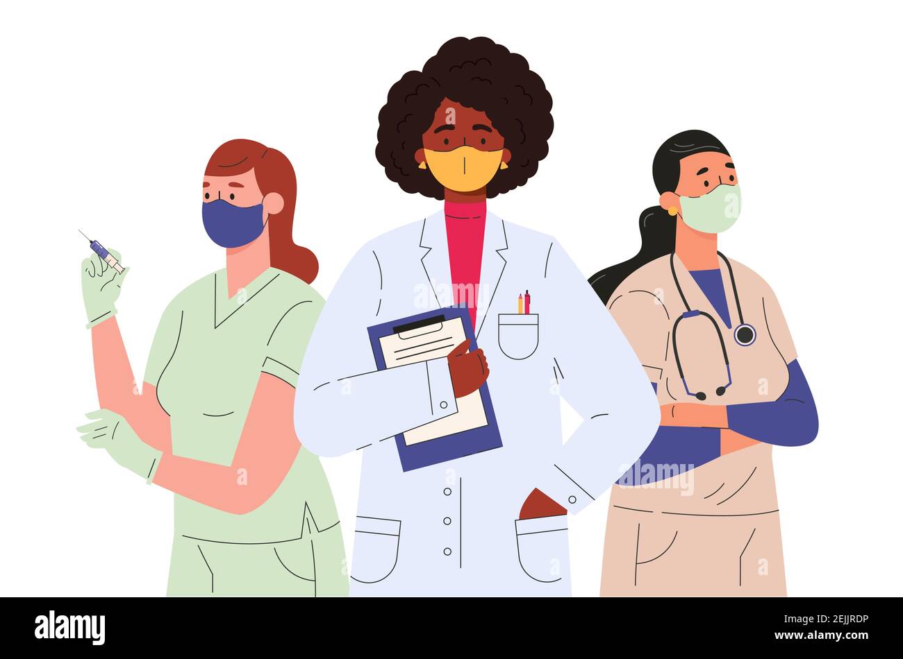 Médecins et infirmières personnages dans le masque facial. Illustration de Vecteur
