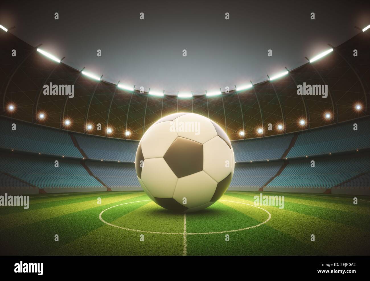 Des spots éclairant le ballon de football au centre. Illustration 3D avec masque sur la bille incluse. Banque D'Images